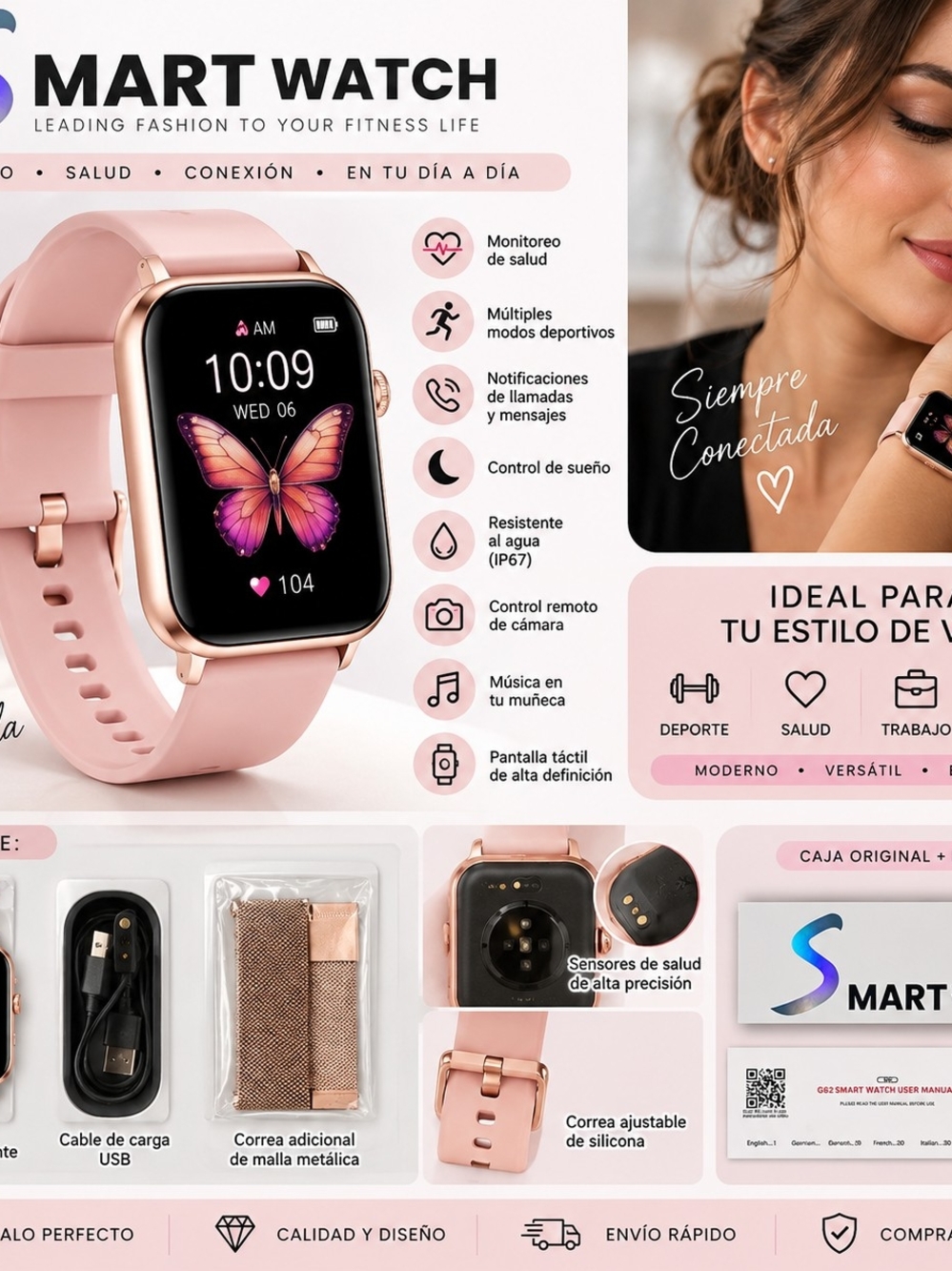 Smartwatch - Pink Silicone Strap with Rose Gold Case